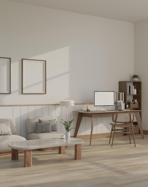 Accogliente soggiorno scandinavo minimale con cornice del divano del tavolino da caffè sul muro