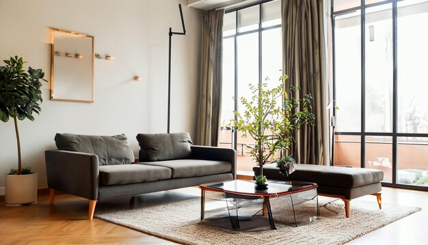 Accogliente soggiorno vibra uno spazio rilassante con divano tavolo e albero d'angolo verde perfetto ambiente domestico