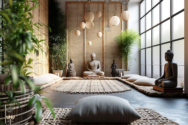 Accogliente stanza di meditazione ispirata allo Zen con cuscini per il pavimento, schermo di bambù, layout interno, decorazione creativa.