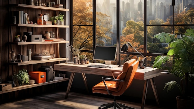 accogliente ufficio domestico moderno con scrivania del computer attaccata fogli infografici sulla parete generativa ai