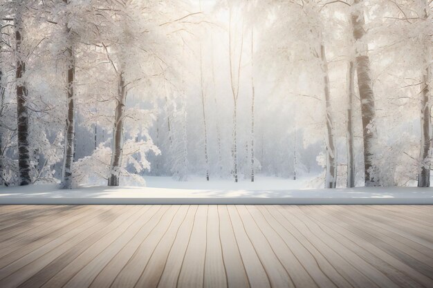 Accogliente vista invernale sulla foresta dal pavimento della terrazza in legno