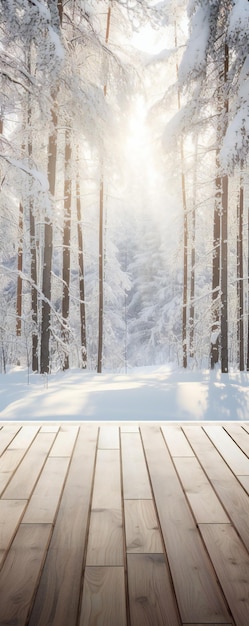 Accogliente vista invernale sulla foresta dal pavimento della terrazza in legno