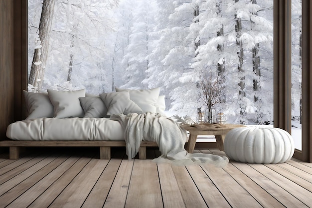 Accogliente vista invernale sulla foresta dal pavimento della terrazza in legno