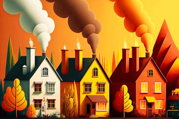 Accoglienti case calde in autunno con fumo dai camini esterno della casa in stile scandinavo