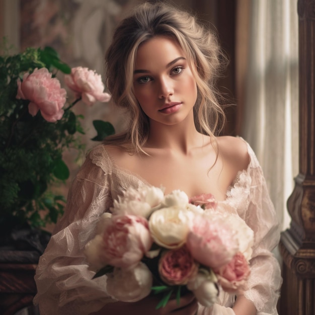 Acconciatura elegante giovane bella sposa con bouquet di peonie