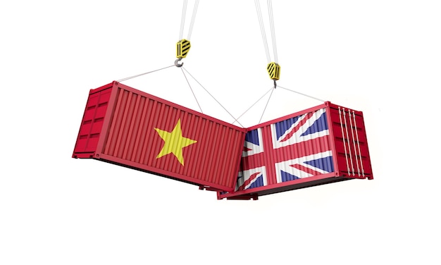 Accordo commerciale nel Regno Unito e in Vietnam Scontro tra container cargo 3D Render