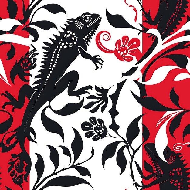 Ackee con la silhouette dell'iguana e semplifica il design con l'Arabes Pattern Tile Seamless Art Tattoo Ink