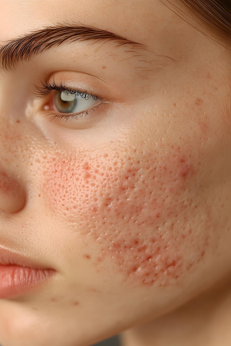 Acne moderata sulla guancia Rossi cicatrici dettagli acuti della pelle