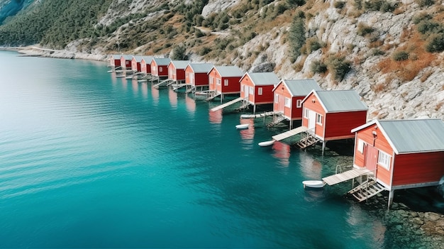 Acqua blu dell'oceano con cabine rubiconde sulla riva Risorsa creativa AI Generata