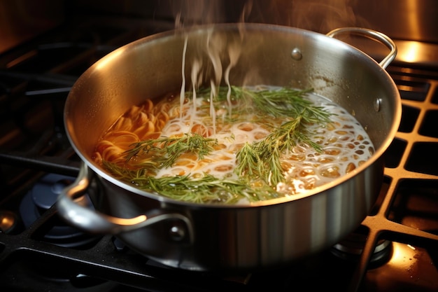 Acqua bollente con pasta in una grande pentola