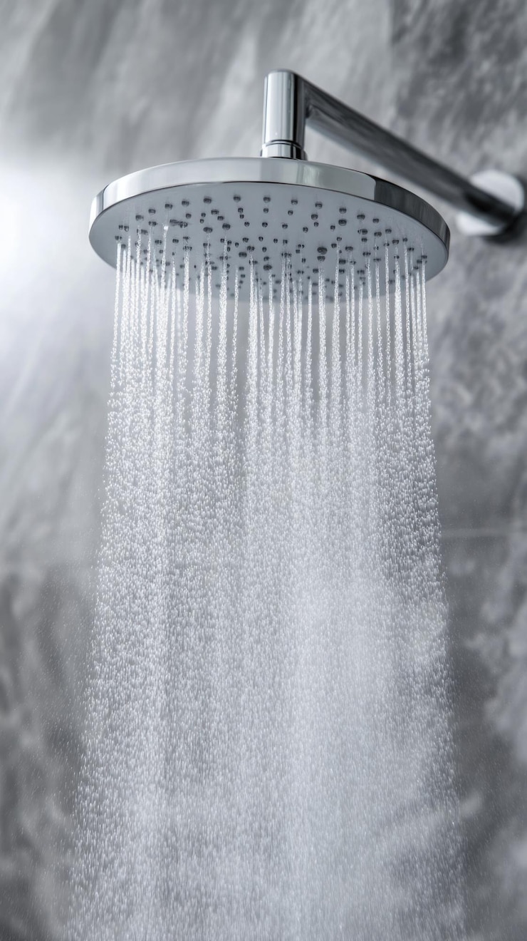 Foto acqua calda al vapore che scorre da una doccia in un bagno moderno con pareti di piastrelle bianche