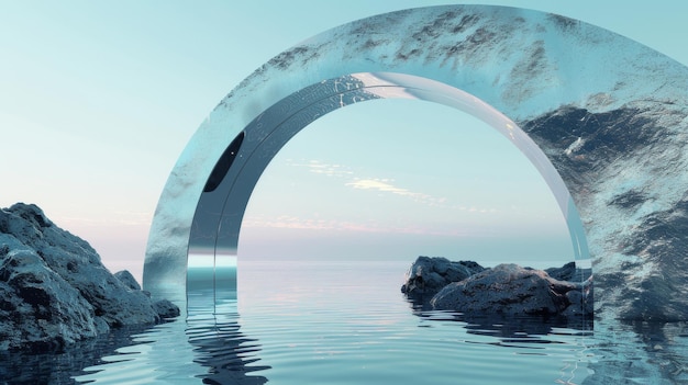 Acqua calma rocce nere arco cromato specchio e blu pastello gradiente cielo su uno sfondo astratto futuristico