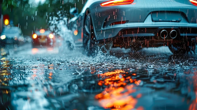 Acqua che cade su un'auto in città durante una forte pioggia