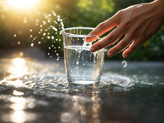 Acqua che versa a portata di mano sullo sfondo della luce del mattino