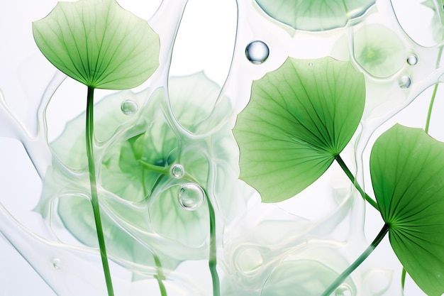 Acqua con foglie verdi sfondo bianco alla moda per la presentazione di prodotti cosmetici ai generativa