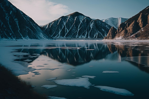 Acqua coperta di ghiaccio e belle montagne intorno al lago Baikal Russia