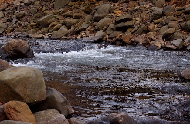 Acqua corrente di un torrente di montagna tra pietre rocciose