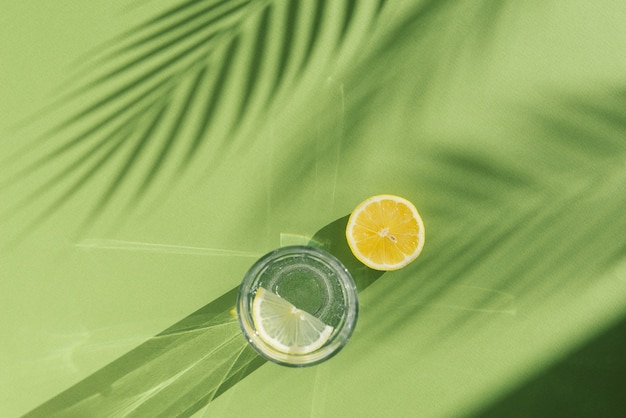 acqua di limone e ombra di palma su sfondo verde con ombre