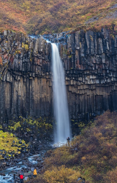 Acqua di seta della cascata di Svartifoss con i turisti in autunno, parco nazionale di Skaftafell in Islanda.