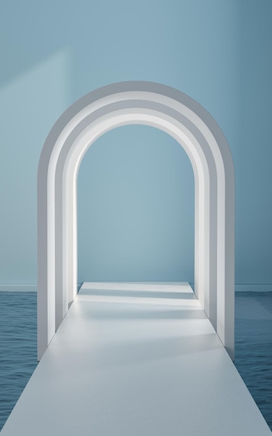 Acqua e porta ad arco nella stanza vuota rendering 3d