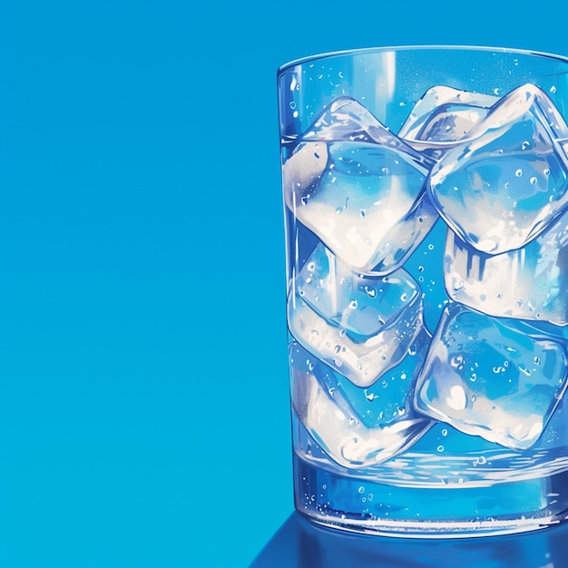 Acqua ghiacciata rinfrescante bicchiere con cubetti di ghiaccio su sfondo blu per i social media