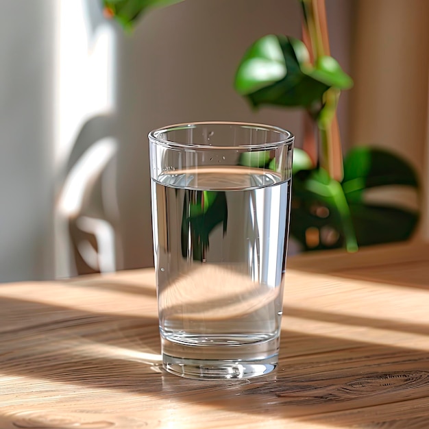 acqua in vetro su tavolo di legno e sfondo di finestra Copia spazio