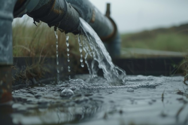 Acqua limpida che scorre da un tubo in un campo d'acqua vista da vicino