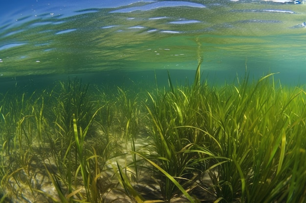 Acqua limpida con primo piano di piante acquatiche e alghe create con intelligenza artificiale generativa