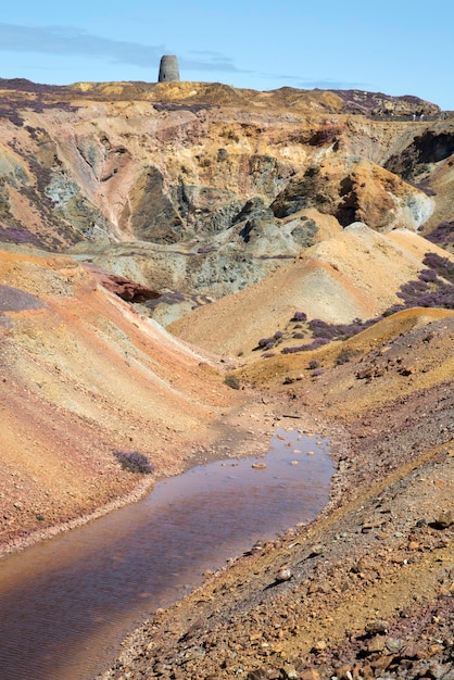 Acqua nella miniera di rame di Parys Mountain a Amlwch, Anglesey, Galles, Regno Unito