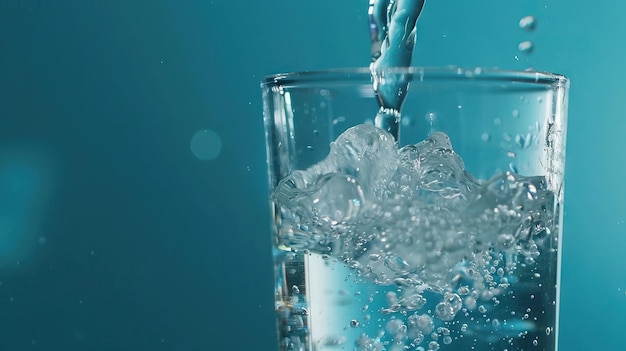 Acqua pulita versata in vetro su sfondo blu che promuove la salute