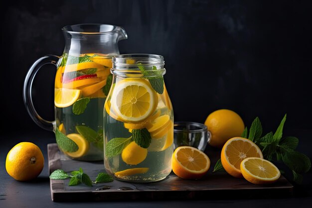 Acqua rinfrescante infusa di frutta con limone e menta creata con ai generativi