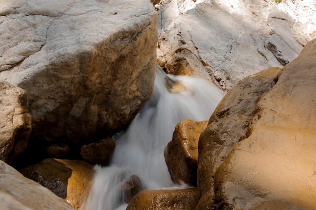 Acqua schiumata che corre tra le pietre nel canyon