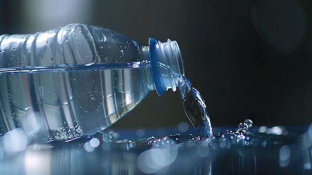 Acqua versata dalla bottiglia nel vetro vista ravvicinata