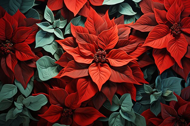 Acquarello Arte delle Poinsettias Strati di petali Foglie lucide Fiori cremisi Fiori verdi Bellezza telaio bagnato