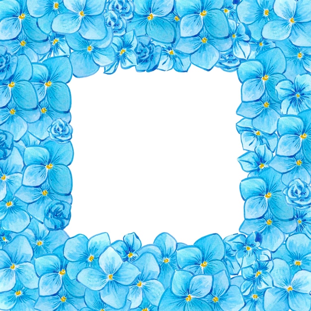 Acquarello disegnato a mano fiori e gemme di hortensia blu isolati su sfondo bianco Può essere utilizzato per cartoline e altri prodotti stampati