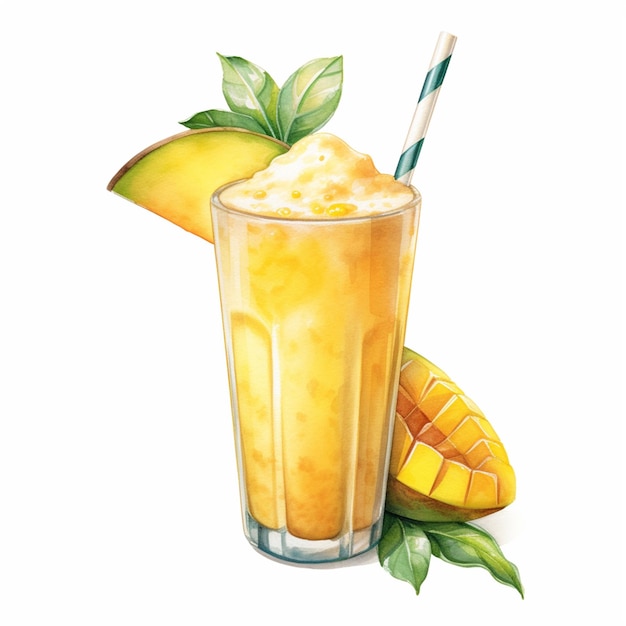 Acquarello disegnato a mano ghiaccio mango galleggiante giallo bevande fredde bicchiere di delizioso cocktail di frutta su bianco