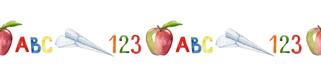 Acquarello orizzontale senza cuciture forniture scolastiche numeri 123 lettere ABC rosa mela aeroplano di carta Ritorno a scuola isolato su sfondo bianco disegnato a mano