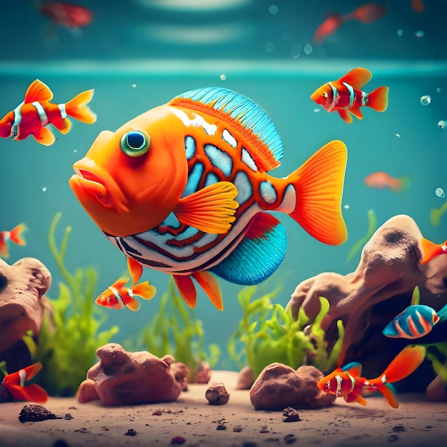 acquario con foto di pesci arancione e blu