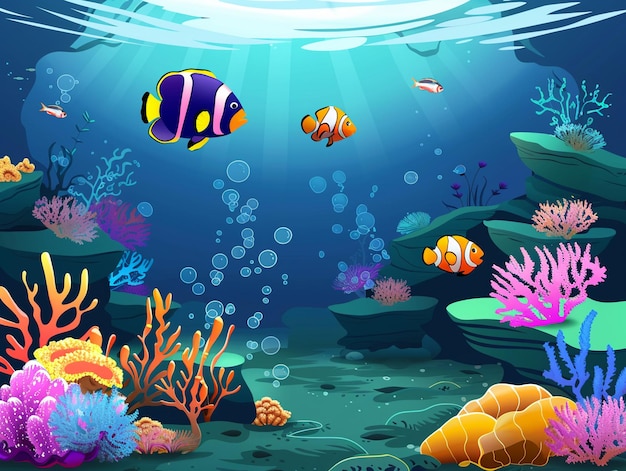 Acquario con pesci colorati acqua serena corallo vibrante illustrazione vettoriale