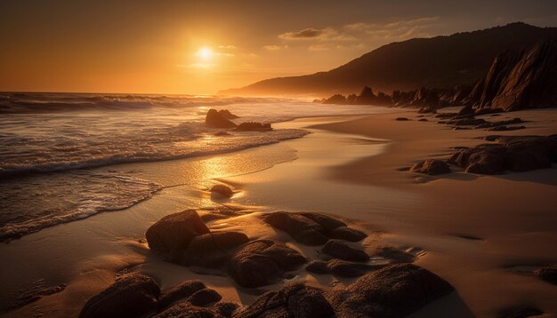 Acque tranquille sul bordo illuminate dal tramonto su una costa rocciosa generata dall'intelligenza artificiale