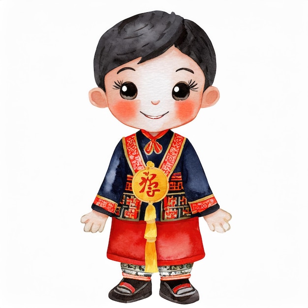 acquerelli stile pieno corpo di cartone animato carino chiness bambino personaggio con vestito cinese AI generato