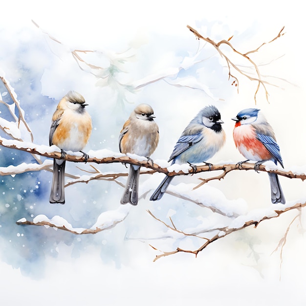 Acquerello_5_Birds_5_Birds_Perched_Close_Together_on_a_Dry_Branch_Cold_cute_handdrawn_
