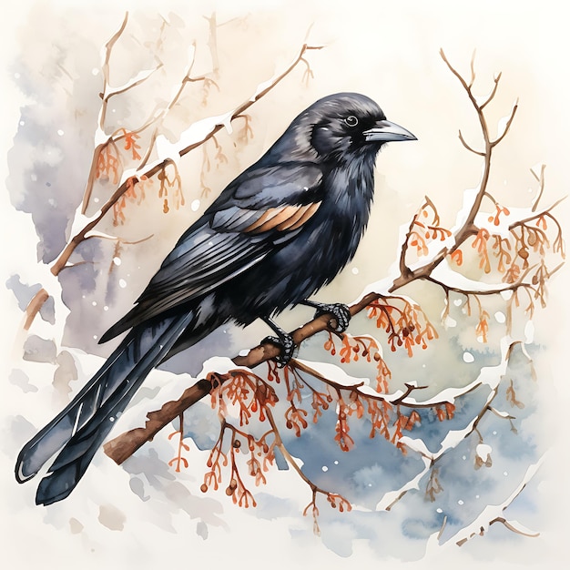 Acquerello_a_Black_Bird_Perched_on_a_Tree_Branch_in_the_Cold_Weather_Wa_cute_handdrawn_