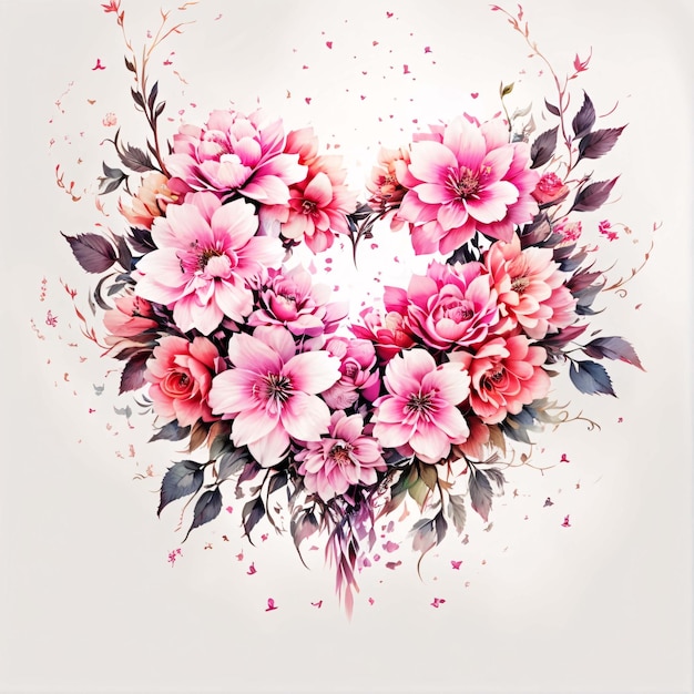 Acquerello a forma di cuore Illustrazione di arrangiamento floreale bouquet rosa multi fiore