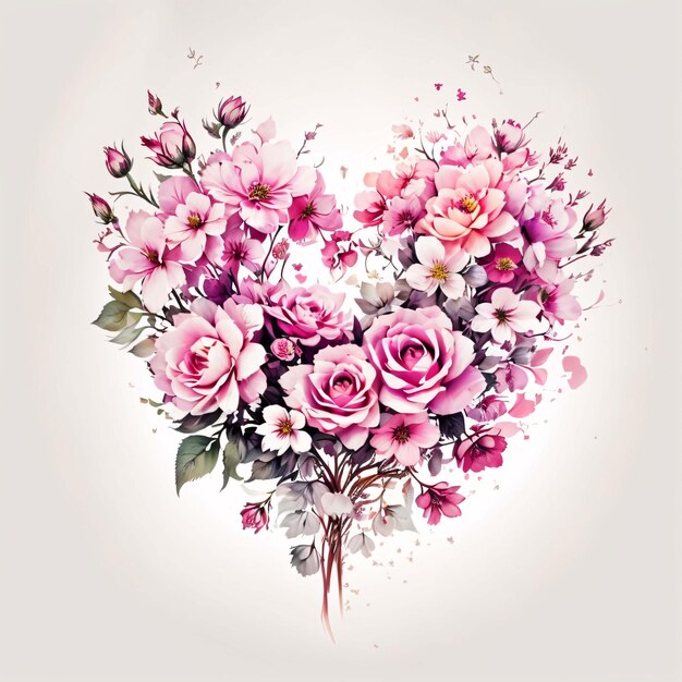 Acquerello a forma di cuore Illustrazione di arrangiamento floreale bouquet rosa multi fiore