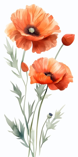 Acquerello a mano disegnato fiori di papavero rosso su sfondo bianco con percorso di taglio