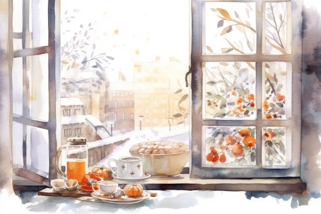 Acquerello accogliente finestra della cucina invernale
