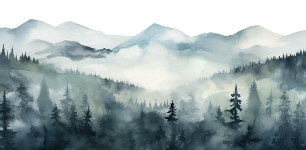 Acquerello alberi di pino invernali illustrazione forestale con neve che cade AI generativa