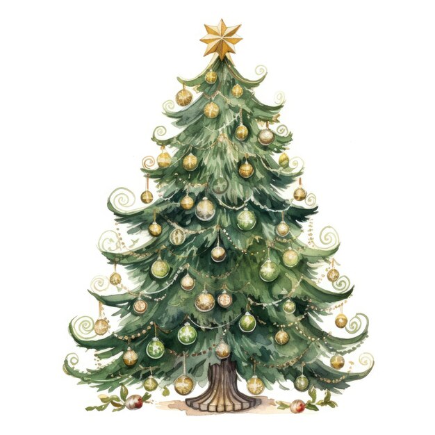 Acquerello albero di abete di Natale verde Illustrazione isolata Background comeliness
