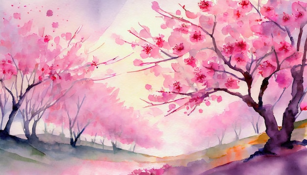 Acquerello Art Pittura Sakura Blossom Estravaganza dolcemente artisticamente al crepuscolo